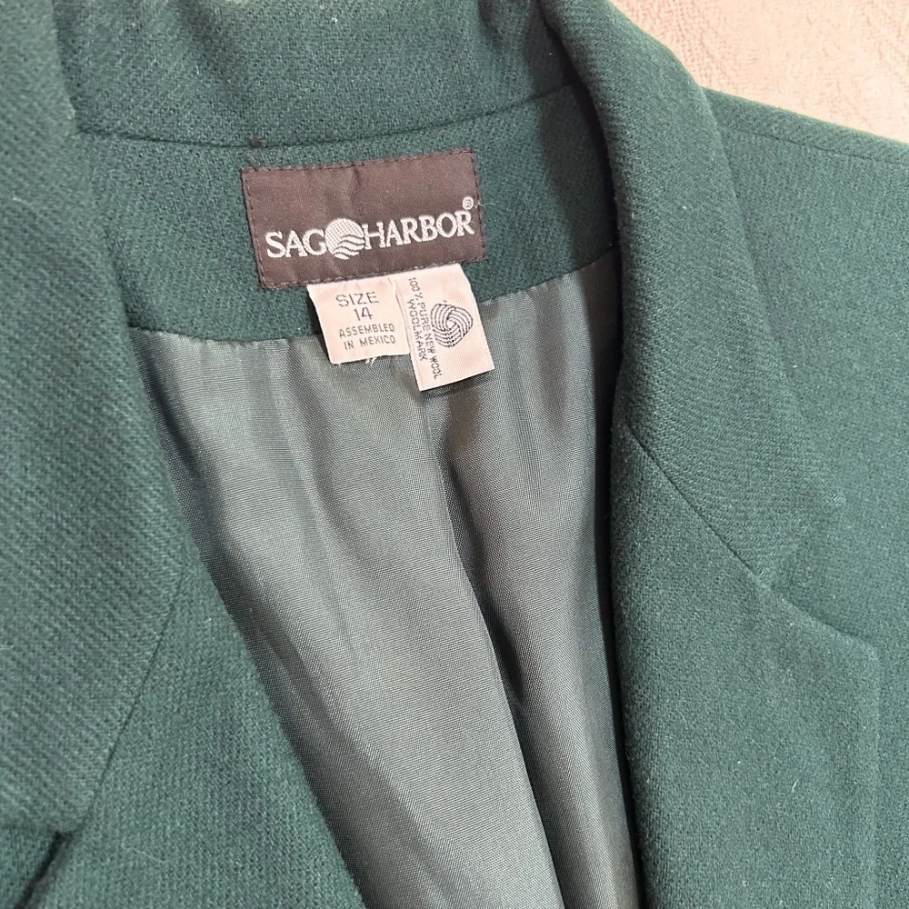 VINTAGE SAG HARBOR Hunter Green Wool Single Button Blazer - sz 14 - M - Picture 3 of 9